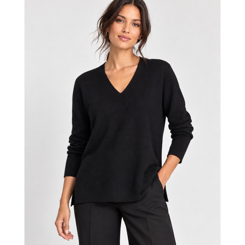 Eileen Fisher Black Wool V-Neck Sweater M Minimalist Quiet Luxury Classic Office